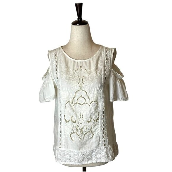 Zara White Cotton Lace Cut Out Cold Shoulder Blouse Size XS‎ - Picture 2 of 10